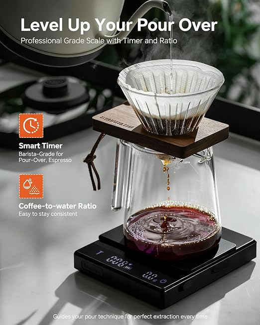 MUVNA Rechargeable Coffee Scale with Timer - Large Digital Pour-Over Scale, 2kg/0.1g Precision for Espresso Weight, Drip, Auto Tare, Brew Ratio, 3 Modes, 1500mAh for Long Standby, Black