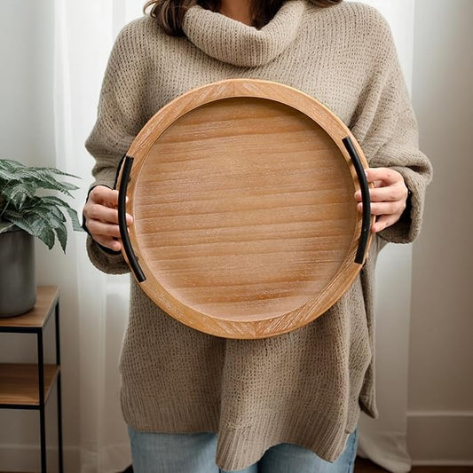 SwallowLiving Brown Wooden Beaded Serving Tray with Handle Decorative Rustic Tray for Coffee Table Farmhouse Round Tray for Kitchen, Living Room and Bedroom