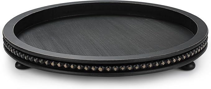 Bamboo Land- Round Decorative Trays for Coffee Table, 12", Black, Wood Tripod & Beaded Design, Wooden Round Tray for Coffee Table