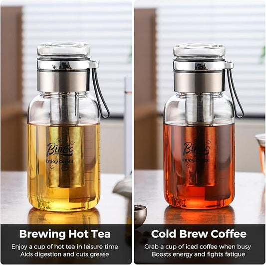 Bincoo Glass Cold Brew Coffee Maker with Extended Fine Mesh Filter, Tea Infuser Bottle Iced Coffee Maker with Thick Borosilicate Glass (750ml/24oz)