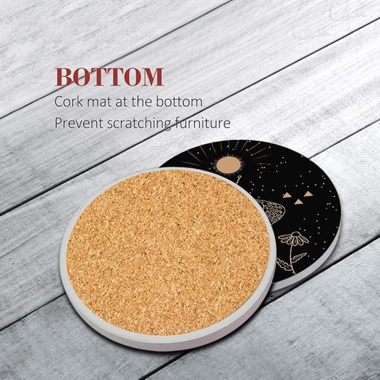 Britimes Table Coaster for Drinks Set of 6, Cute Black Mystical Animals Magic Coffee Absorbent Round Ceramic Stone Mat, with Cork Base and Metal Holder, Gift for Housewarming Room Bar Decor