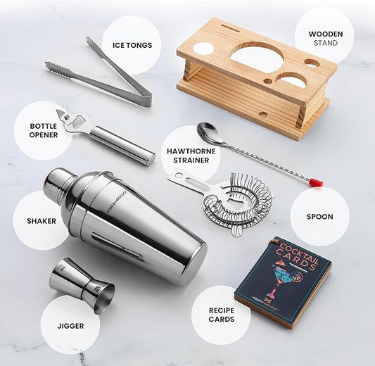 Modern Mixology Cocktail Shaker Set - 8 Piece Bartender Kit on Quality Pine Stand | Complete Cocktail Kit Gift Set | Top Bartender Gifts for Men | Leak Proof Design (Silver)