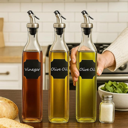 WERTIOO Olive Oil Dispenser Bottle,4Pack 17 OZ Glass Oil Dispenser for Kitchen with 4 Pourer,2 Stainless Steel Funnel & 1 Pen and 8 Label for Kitchen (500ml)