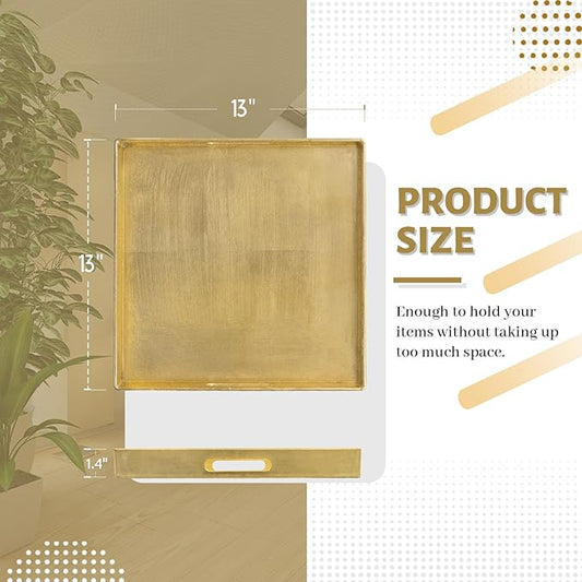 MAONAME Gold Decorative Tray with Handles, Foil Serving Tray for Ottoman, Square Coffee Table Trays for Living Room, Bathroom, 13" L x 13" W x 1.6" H