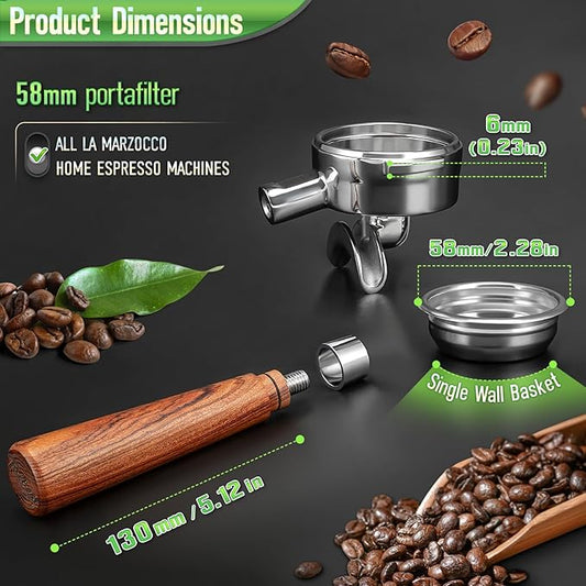 58mm Portafilter for all La Marzocco Home Espresso Machines, Dual Spout Espresso Handle with Siam Rosewood Grip & 304 Stainless Steel Basket