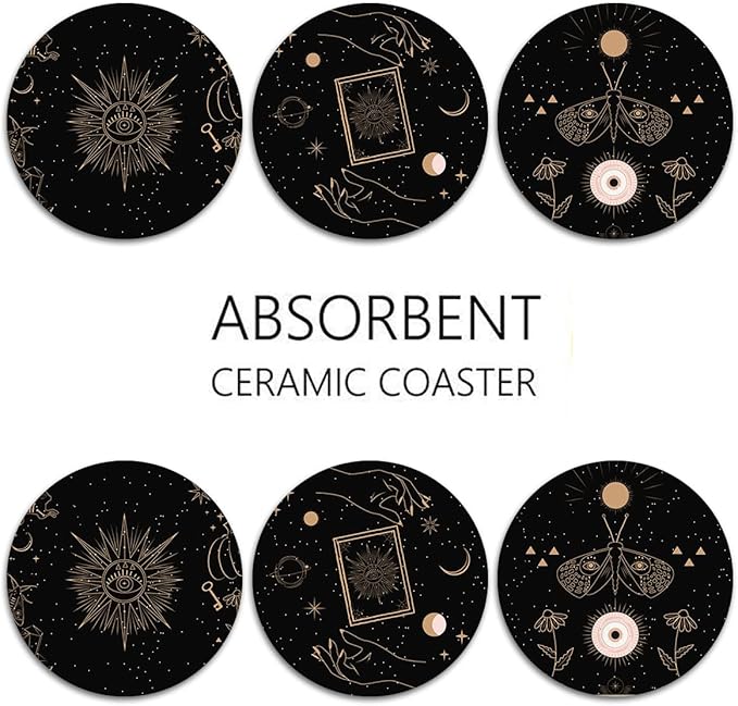 Britimes Table Coaster for Drinks Set of 6, Cute Black Mystical Animals Magic Coffee Absorbent Round Ceramic Stone Mat, with Cork Base and Metal Holder, Gift for Housewarming Room Bar Decor