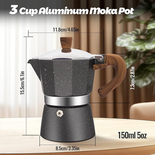 Vaolvpant 3 Cup Aluminum Moka Pot Classic Stovetop Espresso Coffee Maker 150ml 5oz Coffeemaker Percolator Mocha Pot Greca Coffee Maker Cafe Makers for Italian and Cuban Café Brewing Gray