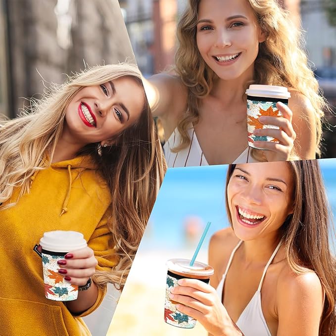 Colored Fall Maple Leaves Iced Coffee Sleeve for Cold Drink Cups, Reusable Neoprene Insulated Drink Sleeves Cup Cover for Beverages, Fits 32 oz