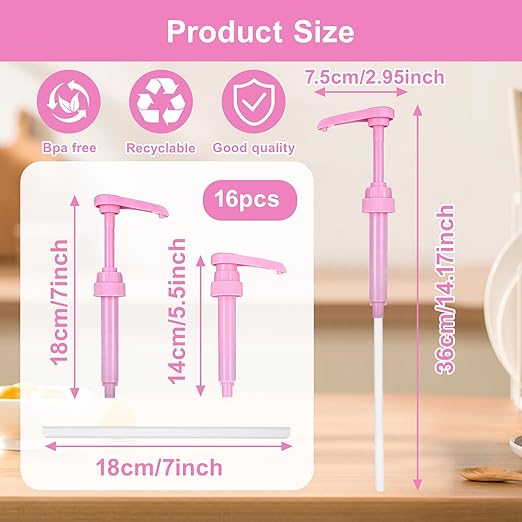 16 Pcs Coffee Syrup Pump with 16 Pcs Tubes, Pink Plastic Replacement Pumps for Bottles 750 ml - 1 L for Coffee, Flavorings, Reusable Syrup Pump Dispenser