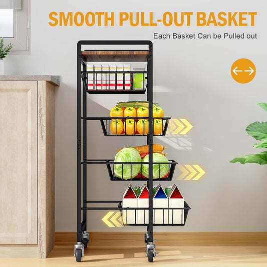 TOOLF 5-Tier Kitchen Storage Cart with Tabletop, Rolling Snack Cart with Lockable Wheels, Fruit Vegetable Basket with 4 Pack Mats, Metal Storage Rack with Pull-Out Pantry Trolley for Organizer