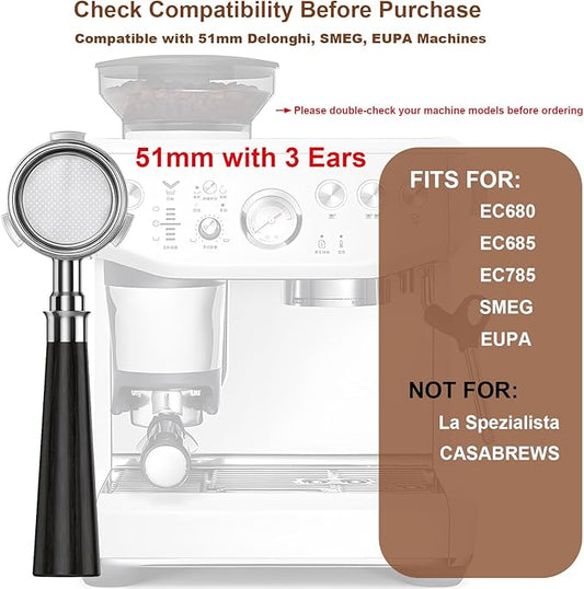 51mm Bottomless Portafilter 3 Ears with Puck Screen & WDT Tool, Stainless Steel Filter Basket, Compatible with Delonghi Dedica EC680/685/885, SMEG ECF01 & EUPA Espresso Machines