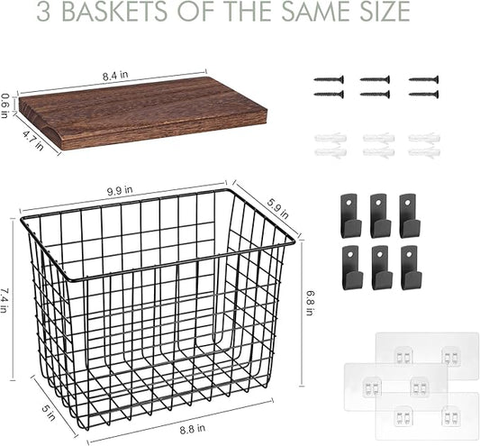 Wall Hanging Baskets 3 Pack, Diversified Wire Basket Shelves of Wooden Style, with Wall Mounted Hooks & Traceless Stickers, for Kitchen Coffee Bar Office Room Garage Storage Organization (Large)