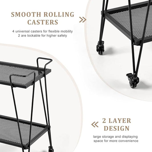 2-Tier Rolling Bar Cart with Wine Glass Rack, Black Metal Mesh Design, Mobile Storage Trolley with 4 Universal Wheels (2 Lockable for Safety), Handle on All Sides, 28.3x14.6x27 Inches
