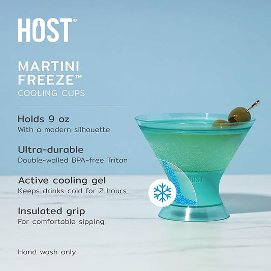 HOST Freeze Insulated Martini Cooling Cups, Plastic Freezer Gel Chiller Double Wall Stemless Cocktail Glass Set of 2 9oz, Tinted Aqua Blue, Green