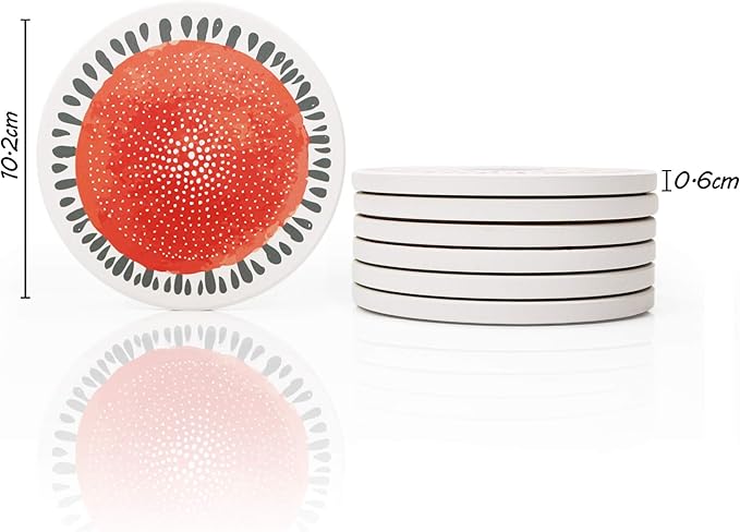 AD Set of 6 Coasters for Drinks Absorbing Round Ceramic Stone Coaster with Cork Base Tabletop Protection Mat for Mugs and Cups,Office,Kitchen (Coral Watercolor with Holder)