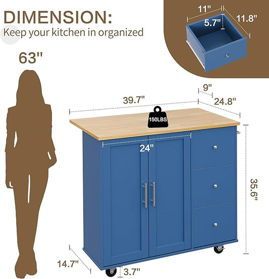 SUNLEI Kitchen Island on Wheels with Storage Cabinet & Foldable Drop Leaf, Rolling Kitchen Table, Cart Handle for Towel Rack, Drop Leaf, Portable Islands for Kitchen (Classic Blue, 39.7-INCH)