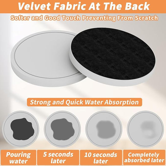 Azhou 6Pcs Drink Coasters with Holder, Silver Absorbent Coaster for Drinks, Non-Slip with Velvet Bottom, Thick Heavy Duty 4 inch Diatomaceous Earth Coasters, Ceramic Tile for Crafts