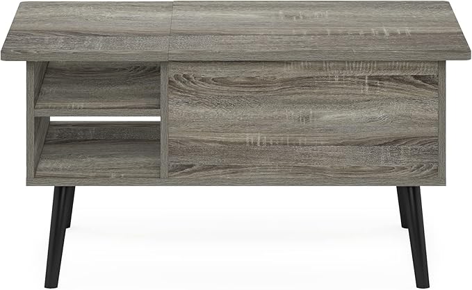 Furinno Jensen Living Room Wooden Leg Lift Top Coffee Table With Hidden Compartment and Side Open Storage Shelf, French Oak Grey