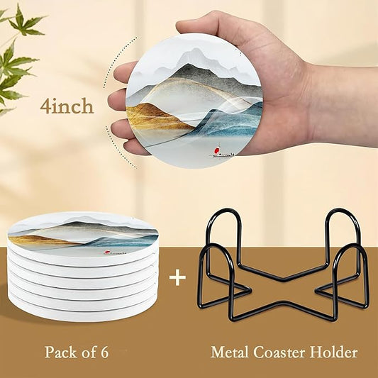 6 Pcs Mountain Landscape Absorbent Ceramic & Cork Base Coasters, Cute Funny Table Drinks Coasters, 4 Inch Round