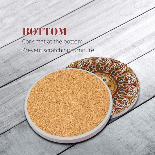 Britimes Coaster for Drinks Set of 6, Africa Mandala Circular Colorful Table Absorbent Round Ceramic Stone Mat, with Cork Base and Metal Holder, Gift for Housewarming Room Bar Decor