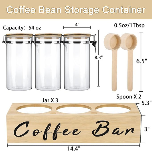 3 x 54 oz Glass Coffee Bean Storage Container with Shelf 3PCS Glass Containers with Airtight Locking Clamp Lid Spoons Coffee Canister Set Jars for Kitchen Food Storage Tea Sugar Wood