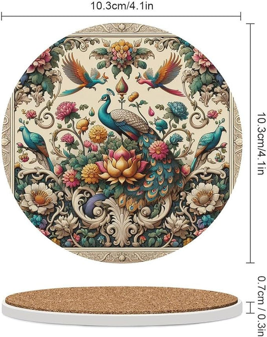 Round-4PCS Peacock Drink Coasters, Round Modern Ceramic Absorbent Coasters, Beautiful Plant Colorful Floral Peacock Boho Peacockr Desk Coffee Table Coaster for Beverage Cup Tea Coasters
