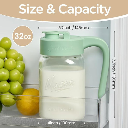 32 oz Glass Pitcher with Lid, 1 Quart Mason Jar Pitcher with Lid Airtight, Breast Milk Storage for Fridge, Ideal for Cold Brew Coffee, Iced Tea, Sun Tea, Juices