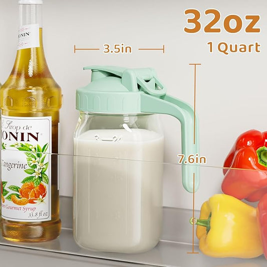 Breast Milk Pitcher, Mason Jar 32 oz, Heavy Duty Wide Mouth Jar with Green Flip Cap Lid and Pour Spout, Airtight Seal for Freshness and Convenience, Great for Cold Beverages and Home Entertaining
