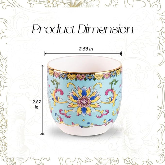 KAMMAK Tea Cups Set of 2, 6.35oz Mini Ceramic & Porcelain Tea Mugs -Handleless Vintage, Non-Toxic Handcrafted Cups for Juice, Coffee, Gift(Red + Lake Blue)