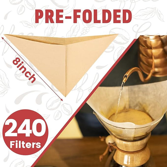 Phyyixs Pre-Folded Unbleached Cone Coffee Filters – Premium Canadian-Imported Thick Paper, Compatible with Chemex Pour-Over Brewers(240 Filters)