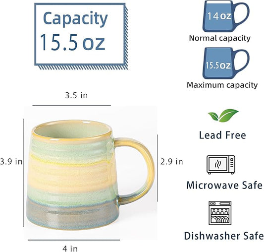 Large Ceramic Coffee Mug, Handmade Pottery Mugs, Tea Cups with Big Handle for Office and Home, 15.5 oz, Dishwasher and Microwave Safe (Blue)