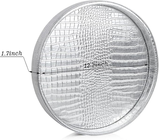 HofferRuffer Faux Leather Round Serving Tray, Vegan Croco Leather Decorative Tray, Food Tray for Storage Drinks, Snack & Cosmetics, Dia.12'' x 1.6'' (Silver)