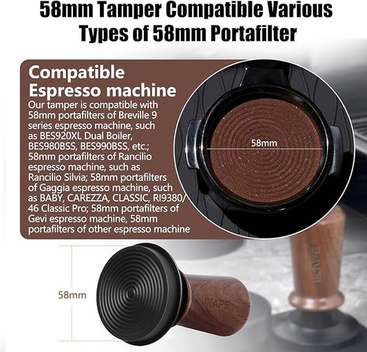 IKAPE 58.35mm Espresso Tamper, Spring-loaded Calibrated Tamper with Walnut Handle, Titanium Ripple Plating Base, Fits for Over 58mm Espresso Machine Bottomless Portafilter