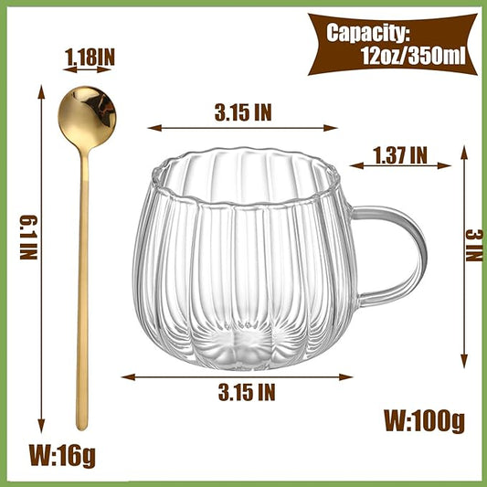 Viovian 12oz Clear Glass Coffee Mugs Set of 6 Ribbed Coffee Cups With Handles Modern Cute Glass Tea Mug Cup for Hot Beverage/Cappuccino/Latte/Cereal/Yogurt/Mocha/Milk
