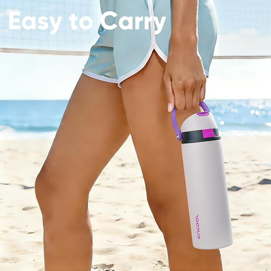 Insulated Water Bottle with Straw - Encool Stainless Steel Water Bottle with Push Button Lid, Leak-Proof & BPA-Free, Keeps Cold for 24 Hours for Sports, Travel, Gym (24 oz, Oyster Pink)
