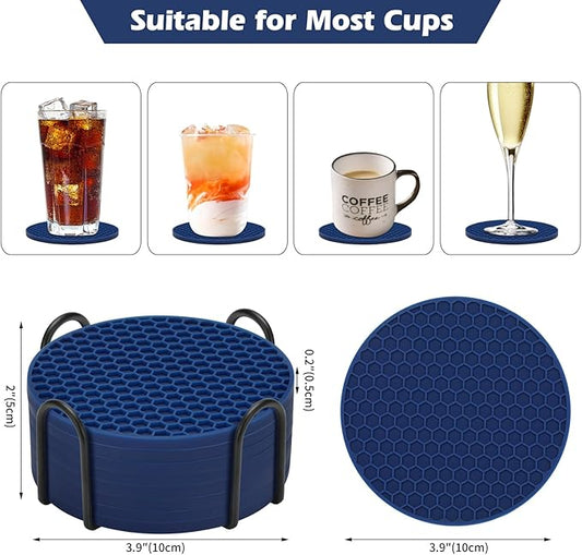 Silicone Coaster Set of 16 with Holder, Drinks Coasters, Suitable for All Cups, Hot or Cold, Anti-Slip, Non-Stick, Anti-Overflow Tabletop Protection and Decor (Navy Blue, 16 Pcs)