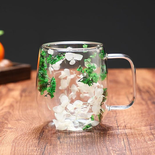Dried Flowers Insulated Glass Double Wall Coffee Mug With Handle 250ml/390ml Transparent Double Glases Flower Tea Cup Latte Coffee Cup Borosilicate Glass Tea Mug