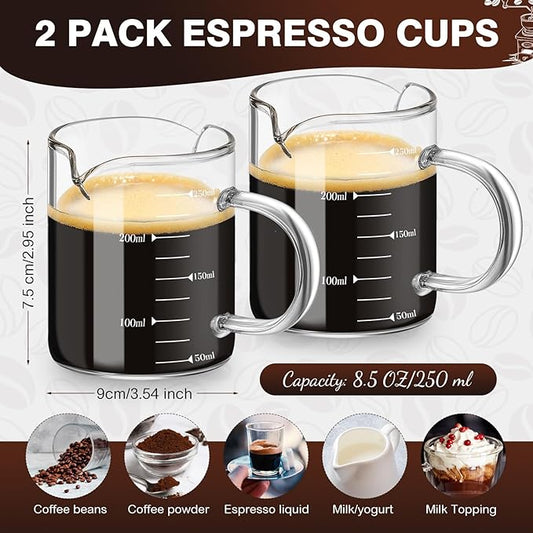Patelai 2 Pcs 8oz Espresso Cups, Glass Measuring Cups with Double Spouts & Handle, Milk Frothed Cup Coffee Bars Accessories for Machine, Scale Glass Jars for Coffee, Water, Yogurt, Juice, Oil, 250ml