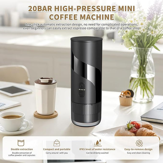 Portable Coffee Machine,Rechargeable Cafetière Portable de Voyage with USB-C, 20bar, Electric Coffee Maker for Camping & Travel, 3-in-1 Car Coffee Maker, Compatible with Coffee Grounds&Capsules