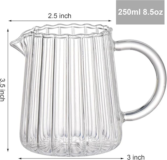 Yarlung 4 Pack Small Glass Pitcher, 8.5 Oz Clear Milk Creamer Pitcher with Handle, Creative Milk Frothing Coffee Pitcher for Table Serving, Salad Sauce