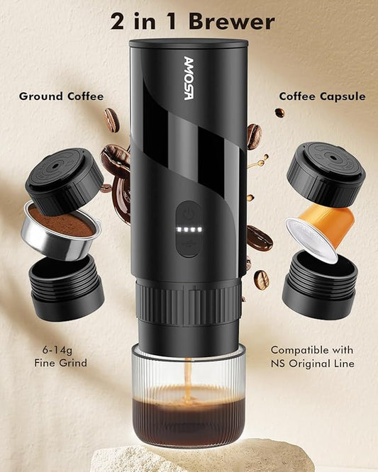 Portable Electric Espresso Machine & Manual Coffee Grinder & Electric Milk Frother All in 1 Mini Travel Coffee Maker Set for Camping, Car, RV, Hiking, Office, Home, Ground Coffee & NS Capsules Pod