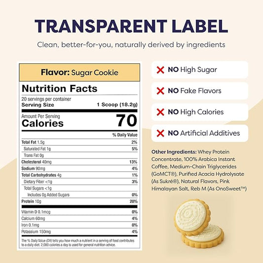Sugar Cookie Protein Iced Coffee - Premium Whey Protein & Instant Iced Coffees - 100% Natural Cold Brew - Zero Artificial Flavors & Sweeteners, 80 mg Caffeine, No Added Sugar, 20 Servings