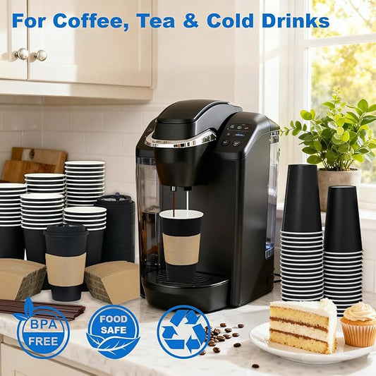 16 oz Coffee Cups + 16 Extra Cups Bulk Disposable To-Go Paper Cups with Lids and Sleeves for Hot Beverage, Chocolate, Cocoa, Office Supplies, Coffee Bar Accessories (100 Pack + 16 Extra Cups, Black)