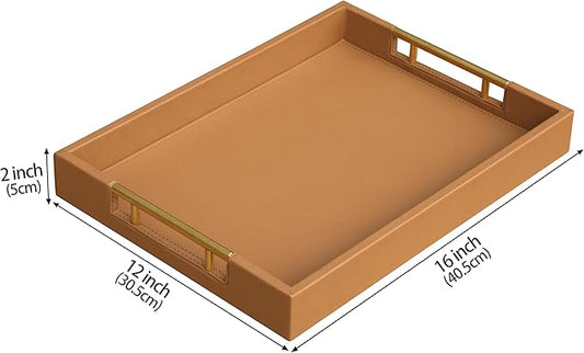 HofferRuffer Faux Leather Serving Tray with Gold Metal Handles, Stylish Decorative Tray Organizer for Coffee Table, Ottoman, Home Decor and Serving (Camel, 16.2" x 12.2" x 2")