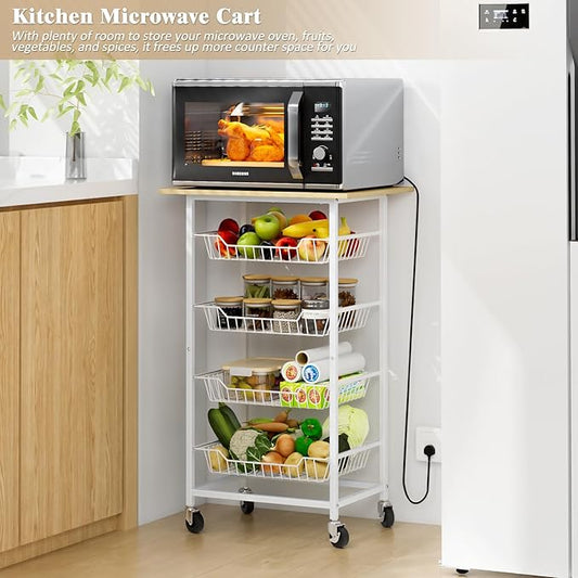 Kitchen Microwave Cart with Fruit Baskets, 5 Tier Microwave Table Stand with Fruit Vegetable Storage Small Rolling Cart on Wheels, Floor Organizers and Storage for Pantry Kitchen, Living Room