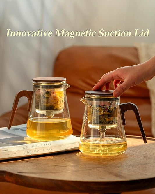 ZENS Magnetic Tea Pot, Enchanted Glass Teapot with Infuser and Magnetic Suction Lid for Mess-Free Loose Tea Diffusers, Walnut Wood Handle, Tea Lovers Gifts
