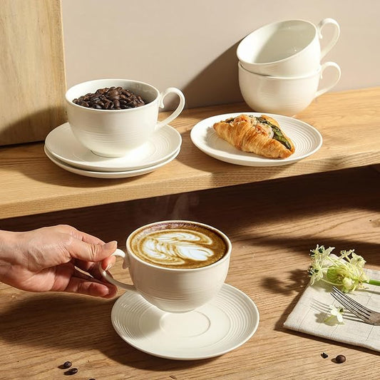 10OZ Porcelain Cappuccino Cups with Saucers, Ceramic Espresso Cups Set, White Coffee Cup and Saucer, White Tea Cup Set, Dishwasher & Microwave Safe, Gift for Anniversary or Housewarming (4PCS) 