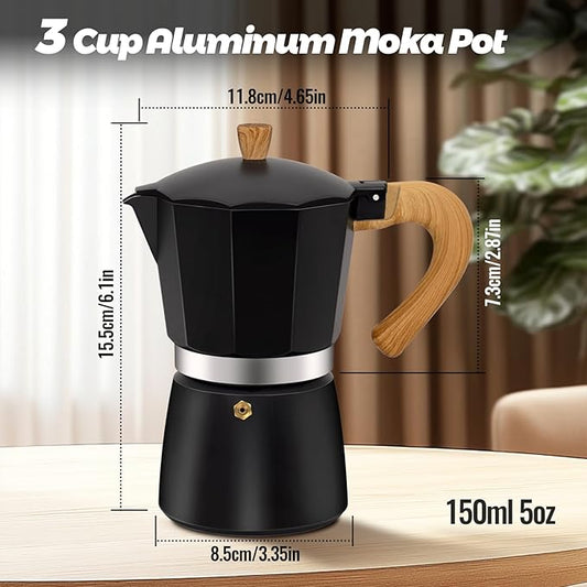 Vaolvpant 3 Cup Aluminum Moka Pot Classic Stovetop Espresso Coffee Maker 150ml 5oz Coffeemaker Percolator Mocha Pot Greca Coffee Maker Cafe Makers for Italian and Cuban Café Brewing Black