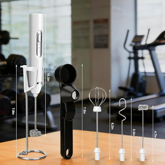 Juome Frother for Protein Powder - Rechargeable 4-in-1 Protein Mixer Wand Set, Protein Powder Scoop Funnel, Waterproof Electric Drink Frother Wand for Milk, Coffee, Lattes, Matcha & Creamer (White)