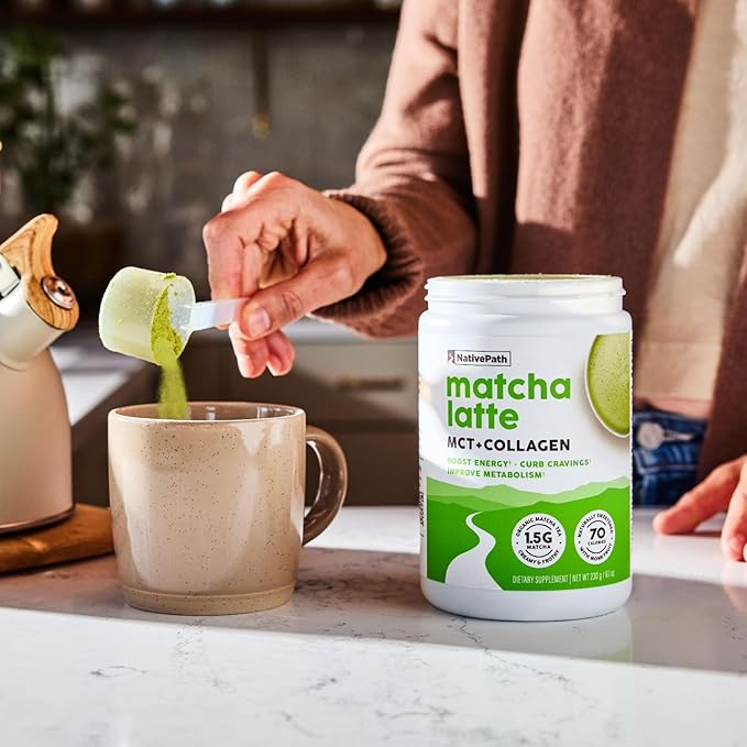 NativePath Matcha Latte Collagen Peptides with MCT Oil - 10g Grass-Fed Collagen & Organic Matcha for Energy & Focus - Keto, No Gluten or Dairy (8.1 oz)